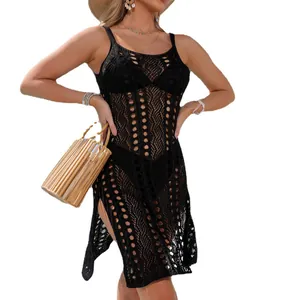 Robe de plage noire crochetée élégante avec fente latérale sexy pour les vacances d'été