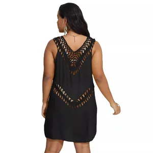 Women's plus size black crochet patchwork tank dress for beach and bikini cover-up