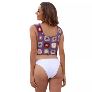 Crop top bohème au crochet fait main avec motif patchwork de fleurs pour femmes