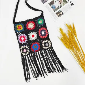 Vintage handmade crochet granny square crossbody bag with stylish black fringe tassels