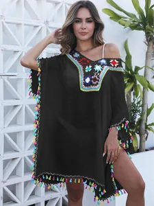 Bohemian black beach cover-up dress with colorful crochet flower neckline and tassel trim