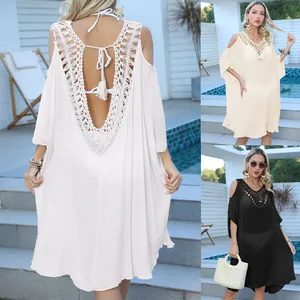 Detailed collage of sexy crochet patchwork backless beach dress cover-up in multiple colors