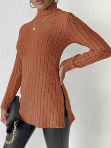 Elegant women's orange ribbed knit turtleneck sweater featuring stylish side slits