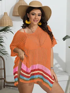 Orange hollow-out knit beach cover-up with sexy V-neck and colorful striped hem
