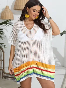 Women's stylish white crochet beach cover-up featuring rainbow stripes and a deep V-neck design