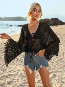 Túnica de Playa de Ganchillo Boho para Mujer Sexy Cuello en V Mangas Acampanadas Flecos Bikini Playa Top