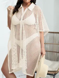 Cubre Traje de Baño de Playa Tallas Grandes de Malla Calado para Mujer Cuello Camisa Dobladillo Irregular Color Sólido Poliéster Verano Resort Top