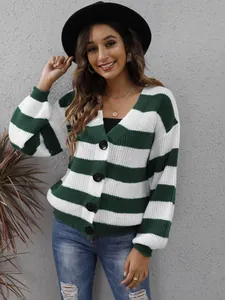 Cardigan en maille à rayures vertes et blanches pour femme avec boutons et col en V chic