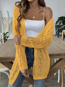 Bohemian senfgelbe Damen Strickjacke mit Lochmuster, stilvolle leichte Schicht für Herbst