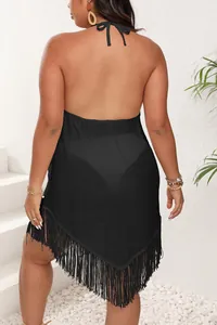 Plus size black halter neck beach cover-up with fringe detail and backless design