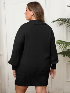 Black long-sleeved polo neck knitted dress for women with ribbed hem detail