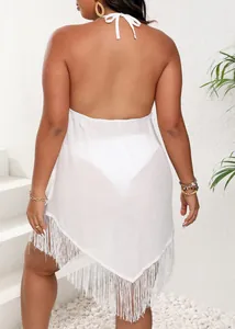 Back view of white plus size beach cover-up with fringe hem and halter tie