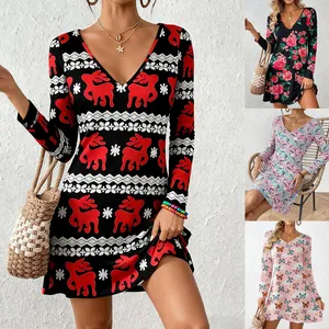 Women's deep V-neck long sleeve A-line casual dress featuring various festive prints