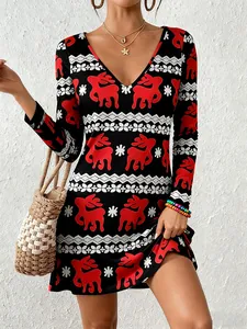 Women's Christmas V-neck mini dress with red reindeer and snowflake prints