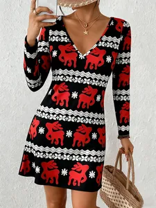 Detailed view of women's Christmas V-neck dress with red reindeer print