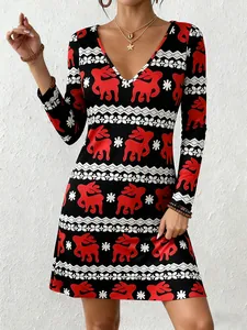 Close-up view of women's Christmas A-line dress with deep V-neck and reindeer print
