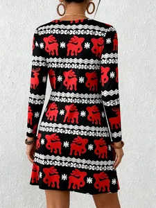 Back view of women's Christmas dress with red reindeer and white snowflake pattern detail