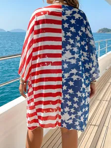 Cárdigan de bikini suelto de talla grande para mujer con diseño de bandera de EE. UU.