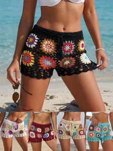 Women's Bohemian Crochet Granny Square Beach Shorts Low Waist Drawstring Patchwork Knit Hot Pants Sexy Summer Bottoms
