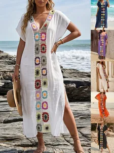 Boheems Dames Gehaakte Bloemen Patchwork Strandcover-up Jurk Diepe V-hals Mouwloos Zijsplit Lange Sexy Polyester Kaftan Voor Vakantie