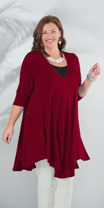 Plus Size Kleid mit unregelmäßigem Saum Langarm V-Ausschnitt in Dunkelrot Fake-Zweiteiler