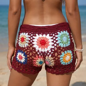 Detailed back view of handmade colorful crochet granny square beach shorts for women