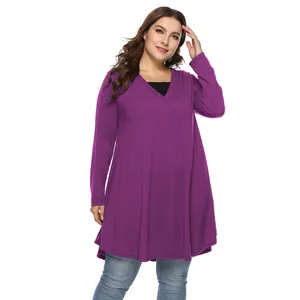 Lila Langarm-Tunika-Kleid für Damen in Übergröße mit V-Ausschnitt und unregelmäßigem Saum