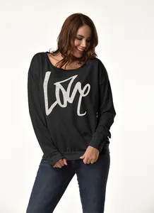 Lässiges schwarzes schulterfreies Damen-Sweatshirt mit weißem LOVE-Aufdruck