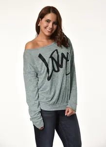 Sexy graues schulterfreies Sweatshirt für Damen mit markantem LOVE-Schriftdruck-Detail