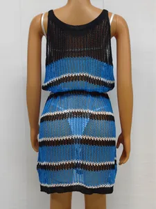 Back view of a striped crochet beach cover-up dress for women with knit texture details