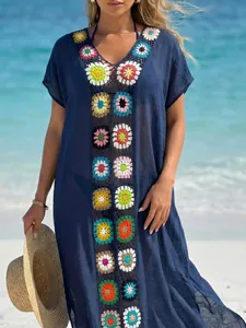 Marineblauwe bohemien gehaakte bloemen strandcover-up met transparante stof en maxi-lengte