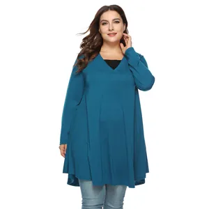 Plus Size blaugrünes langärmliges V-Ausschnitt Tunikakleid mit unregelmäßigem Saum
