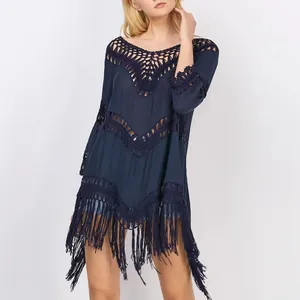 Bohemian navy blue crochet bikini cover up with long fringe and lace details