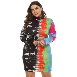 Detail of plus size bodycon dress with vibrant irregular tie-dye print and high collar