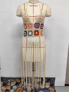 Detailed view of handmade crochet beach bikini cover-up with colorful floral patterns