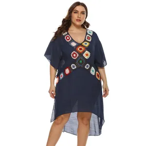 Plus size navy blue beach dress with colorful crochet flower details