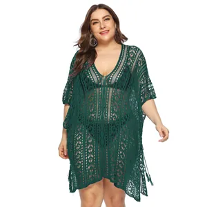 Vestido de playa de ganchillo de talla grande verde oscuro con sexy diseño de cuello en V