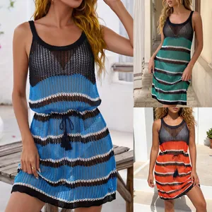 Collage showing three colors of women's hollow-out striped beach bikini cover-up dresses