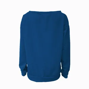 Detaillierte Rückansicht eines weichen, königsblauen, schulterfreien Langarm-Sweatshirts