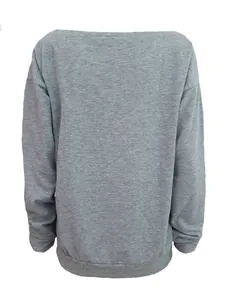 Detaillierte Rückansicht eines grauen schulterfreien Langarm-Sweatshirts mit Bündchen