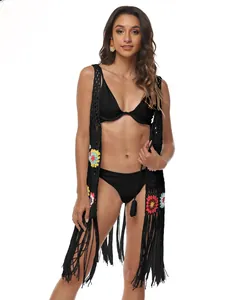 Black hand-crocheted long beach cardigan with colorful flower patches and long fringe