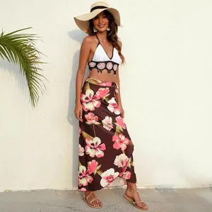 Bohemian floral print one-piece beach wrap skirt with irregular hem for vacation