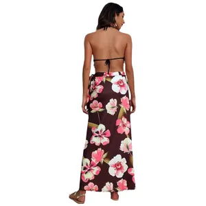 Elegant long floral print wrap beach skirt with adjustable side tie for women summer wear