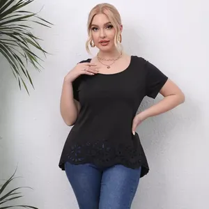 Elegant plus size women's black round neck T-shirt with decorative laser cut hem