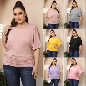 Women's Plus Size Cold Shoulder Ruched Batwing Sleeve T-Shirt Polyester Solid Color Casual Loose Knit Top Daily Travel Wear