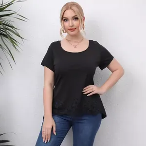 Plus size black short sleeve casual T-shirt with intricate hollow-out laser cut hem details.