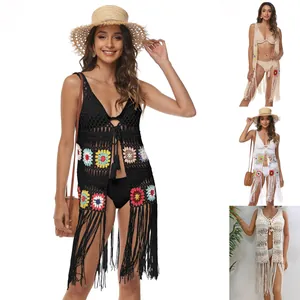 Women Bohemian Hand Crochet Beach Cover Up Hollow Out Floral Patchwork Tassel Cardigan Sleeveless Knit Vest Vacation Top
