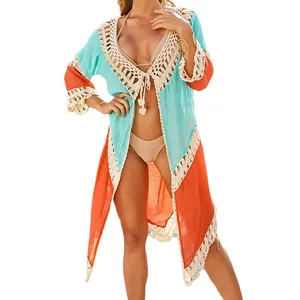Boho-Strand-Tunika im Color-Block-Design mit Häkelbesatz und lockerer Passform