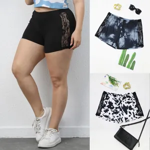 Women Plus Size Sexy Lace Patchwork Shorts Milk Silk High Waist Casual Hot Pants Cow Print Tie-Dye Club Streetwear Bottom