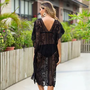Capa de bikini de playa sexy de encaje negro transparente con cuello en V mujer